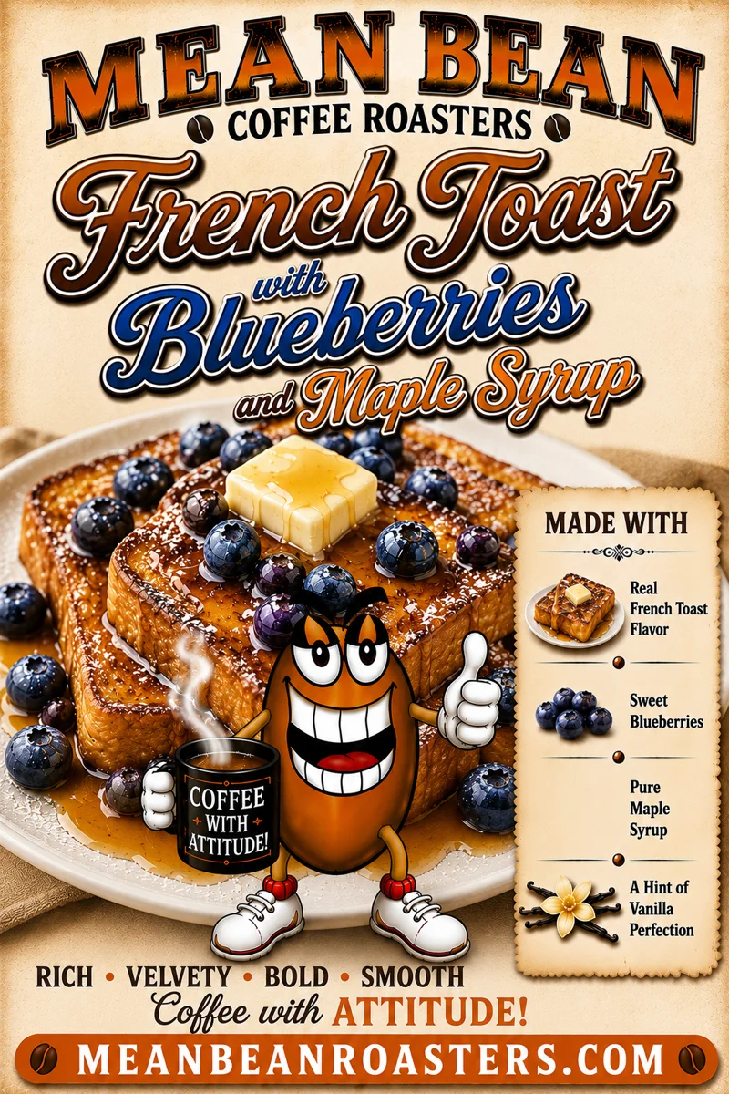 French Toast with Blueberries and Maple Syrup - Mean Bean Flavored Coffee from Mean Bean Coffee Roasters