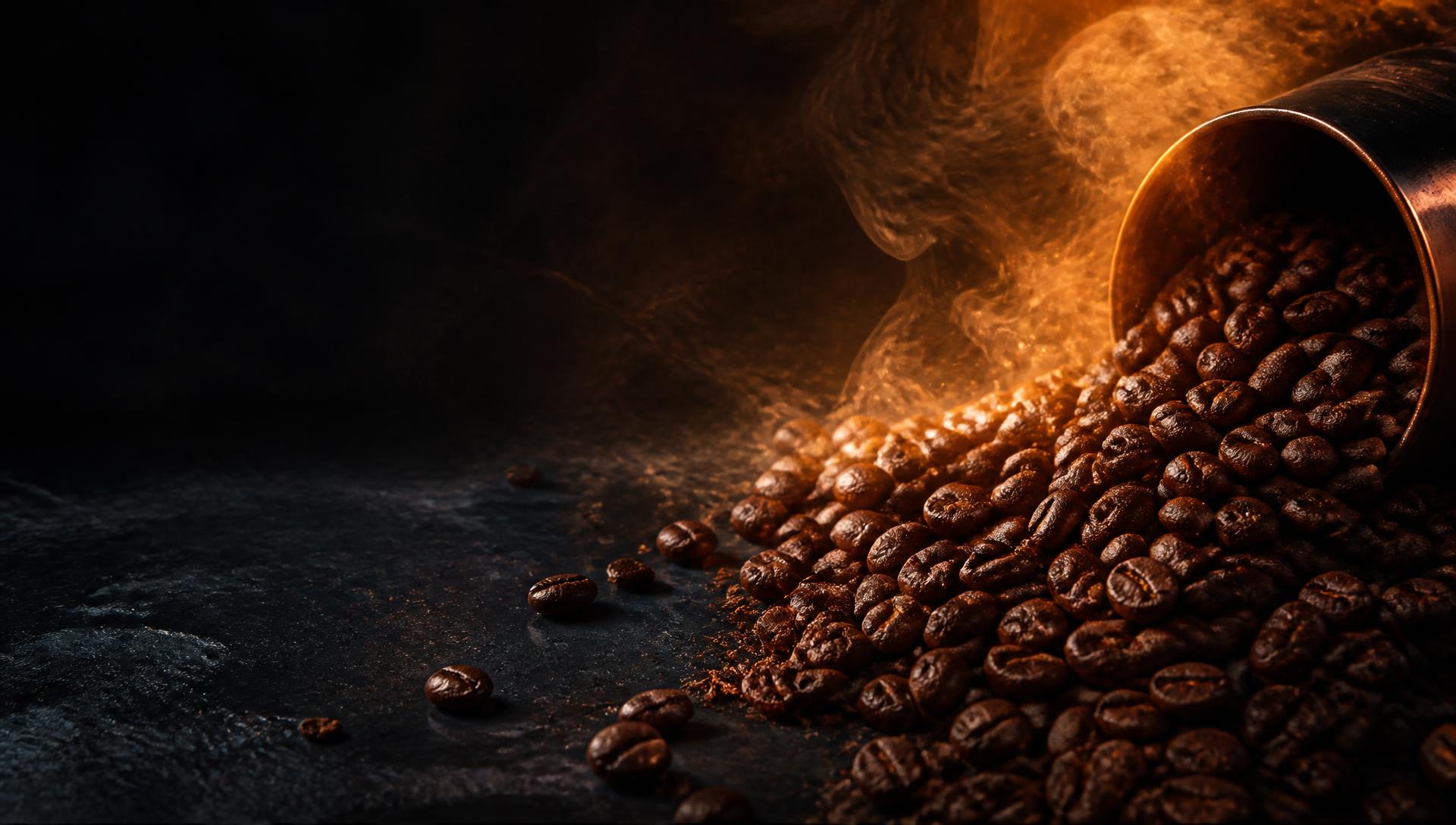 Roasted coffee beans spilling from a copper scoop